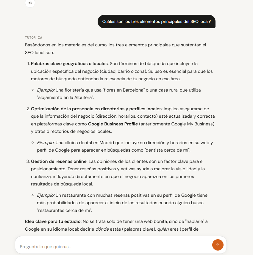 Respuesta de TutorIA sobre SEO local con explicación estructurada, ejemplos e idea clave para el estudio