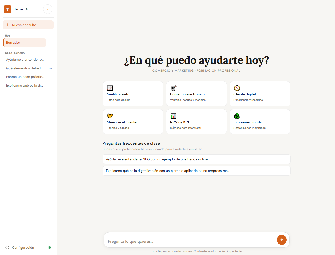 Vista general de la interfaz de TutorIA con áreas de aprendizaje de Comercio y Marketing